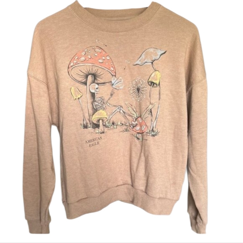 American Eagle Outfitters Tan Crewneck Sweatshirt Skeletons With Mushrooms Sz M - Picture 2 of 8